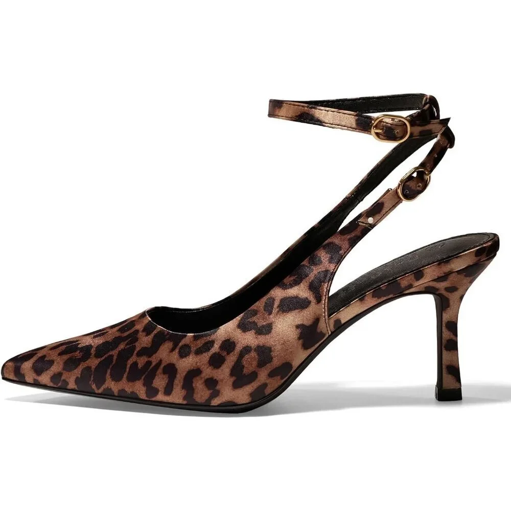 Women's Leopard Pointed Toe High Heels Slingback Stiletto Ankle Strap Pumps